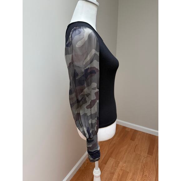 Generation Love Noelle Camo Sheer Sleeve Edgy Top Black Green Womens Size XS - Picture 6 of 9